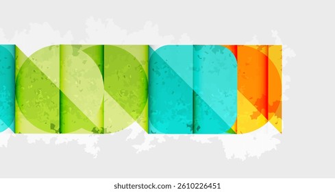 Colorful rectangles form text. Textured paper effect, bright shades, overlapping layers. Abstract design, modern style, vibrant composition.