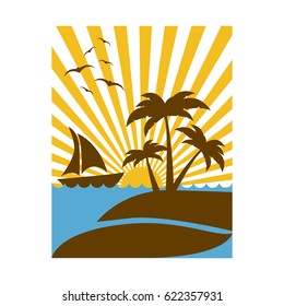 colorful rectangular background sunset with beach and boat vector illustration
