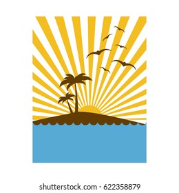colorful rectangular background sunset in the ocean with island and palms vector illustration
