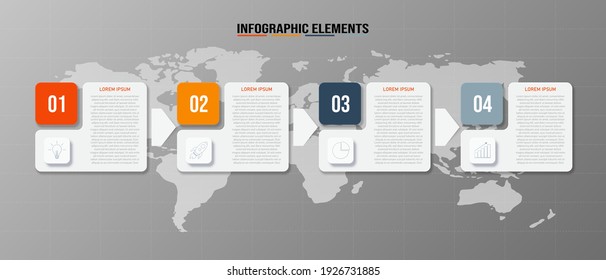 Colorful  rectangular infographics elements, Thin line pictograms, pointers and text box, Concept of business model with 4 successive steps, Modern design template, Steps or processes.