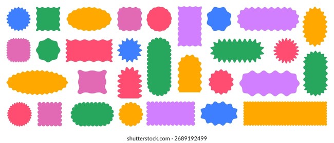 Colorful rectangular square, round oval forms with scalloped borders, squiggly wavy textboxes frames