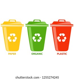 Colorful Recycle Bins Set with Examples for the Separation and Utilize of Garbage. Saving Of The Environment Vector illustration