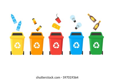 Colorful Recycle Bins Set Row with Examples for the Separation and Utilize of Garbage. Saving Of The Environment Vector illustration