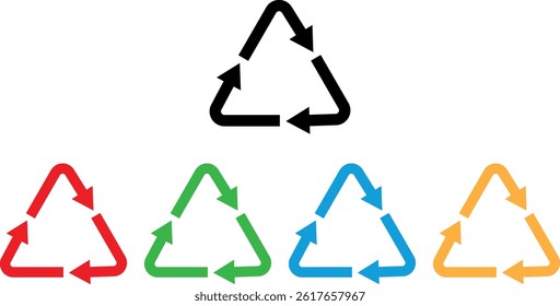Colorful recycle icon set in different colors . Recycle triangle icon for product packaging labels . Vector illustration