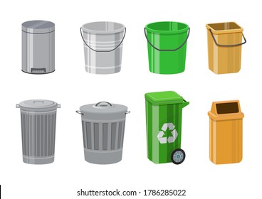 Colorful recycle trash bin set. Trash bin with pedal and swing top. Metal bucket with cap. Vector illustrations