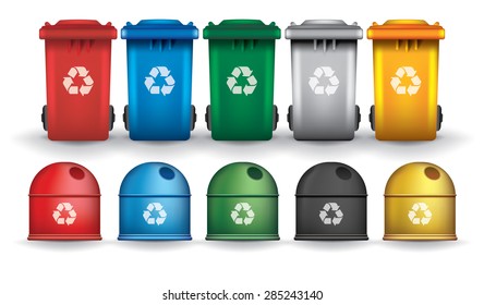 Colorful recycle trash bins and containers, vector set