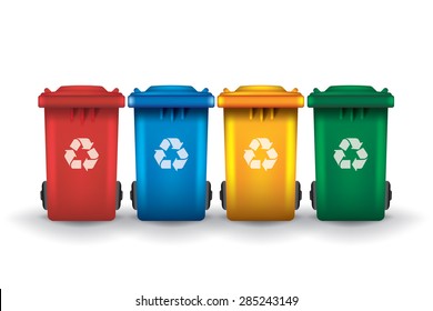Colorful recycle trash bins isolated white, vector set