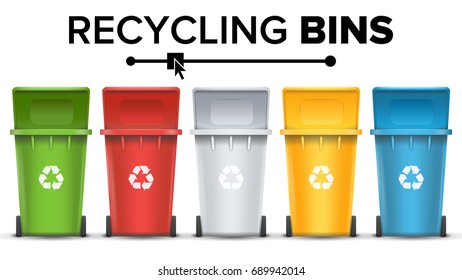 Colorful Recycle Trash Bins Vector. Set Of Realistic Red, Green, Blue, Yellow Container Buckets. Isolated On White Background
