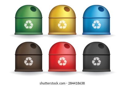 Colorful recycle trash containers isolated white, vector set
