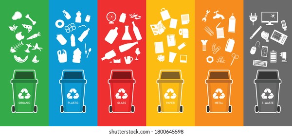 Colorful recycling bins for waste separation. Trash bin for garbage organic, plastic, glass, paper, metal, e-waste. vector illustration in flat style modern design.