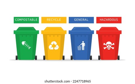 colorful recycling bins for waste separation. recycle infographic. isolated on white background. Trash type bin for garbage organic, plastic, glass, paper, metal. vector illustration.