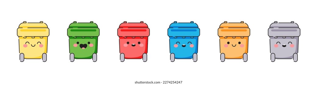 Colorful recycling bins for waste separation. Trash bin for garbage organic, plastic, glass, paper, metal, e-waste. vector illustration in flat style modern design.