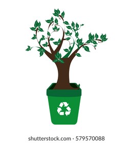 colorful recycling container with leafy tree plant