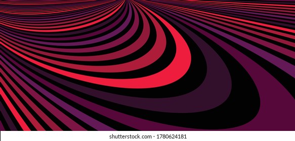 Colorful red abstract vector lines psychedelic optical illusion illustration, surreal op art linear curves in hyper 3D perspective, crazy distorted design, drug hallucination delirium,