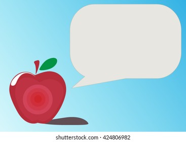 Colorful red apple with blank speech bubble on lite blue background.