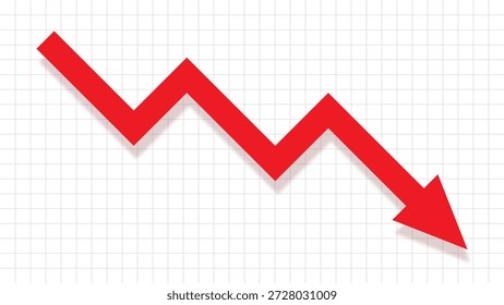 Concepto colorido de la Imagen de la flecha roja de la tendencia a la baja o de la caída de los valores del mercado de valores