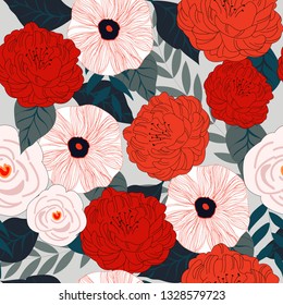 Colorful red bloom blossom  floral flowers and leaves tropical botanical style seamless pattern,illustration vector by freehand doodle art for textile printed background
