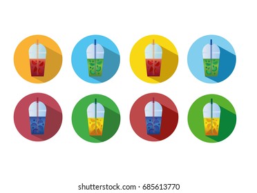 Colorful Red Blue Green Yellow Realistic Summer Smoothie Icons - Vegetarian Energy Cocktails With Fruits and Berries in Clear Takeout Glass With Lid - Healthy Food Juice Drink Vector Illustration