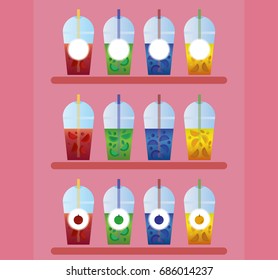 Colorful Red Blue Green Yellow Summer Smoothie Icons With Circle Stickers Logo Template - Cocktails With Fruits and Berries in Glass With Stickers on Shelf - Healthy Juice Drink Vector Illustration
