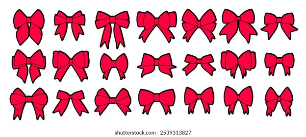 Colorful red bows on white background. Bowknot christmas design element. Set of bows with black line