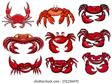 Colorful red cartoon marine crabs set facing the viewer with toothy smiles, for mascot design