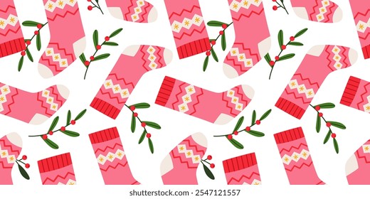 Colorful red Christmas socks and branches with berries seamless pattern. Christmas stockings pattern. Flat vector illustration on white background.