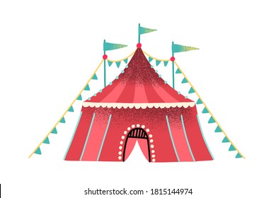 Colorful red circus tent decorated with festive flag garland and flags vector flat illustration. Striped marquee facade of entertainment area for artists and trained animals performance isolated