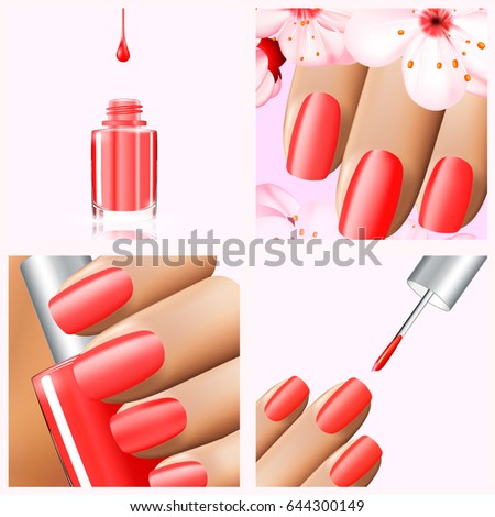 Colorful red collection of nail designs for summer and spring. Vector 3d illustration. Nailpolish lacquer ads, nail polish splatter on white background. Manicure vogue ads for design