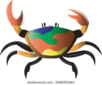 Colorful red crab vector illustration. Sea creature in flat design. Shell crab icon isolated on white background. Water animal with claws. Vector Illustration isolated with white background.

