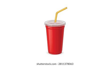 Colorful red disposable cup with yellow straw and white lid, perfect for cold drinks and refreshment themes in advertising or food presentation materials
