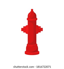 Colorful red fire hydrant, icon isolated vector illustration on white background. Equipmentused street by firefighters for extinguishing flames. Cartoon flat design. Vector illustration.