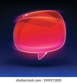 Colorful red glossy speech bubble with reflection on dark blue background. Talk bubble, blank frame template, 3D Illustration. Banner design template, app icon, vector illustration.