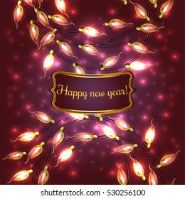 Colorful Red Glowing Christmas Lights.Vector elements can be used as backdrop for new Year decoration. Holiday Illustration, luminous electric garland, shiny light bulbs and wire.