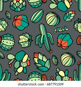 Colorful red and green cactus and succulents in black outline on gray background. Hand drawn style. Seamless pattern vector illustration.