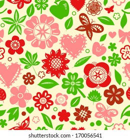 Colorful red and green flowers leaves and hearts spring seamless pattern, vector