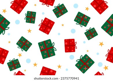 Colorful Red And Green Gift Box Pattern Background With Star And Snow. Christmas Backdrop. Banner. Celebration. Happy New Year. Birthday. Wallpaper. Vector Illustration