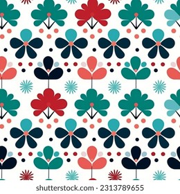 Colorful Red Green Orange Black Abstract Floral Scandinavian Design Seamless Pattern