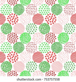Colorful red and green patterned circles geometric seamless pattern, vector background