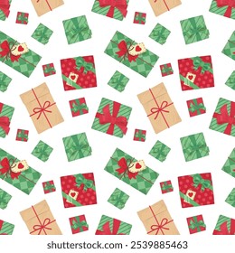 colorful red and green presents box with bow seamless pattern