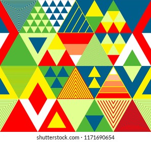 Colorful red green and yellow textured bold triangles geometric abstract seamless pattern, vector