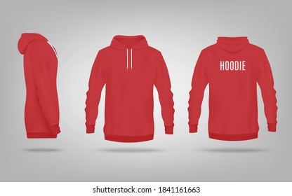 Colorful red hoodie mockup from front, back and side view. Isolated men's sweatshirt design template collection on grey background - vector illustration.