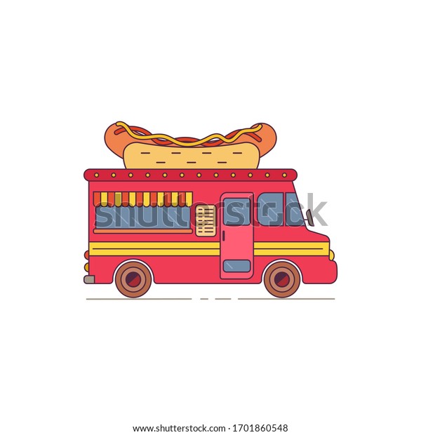 Colorful red hot dog food truck in flat\
style. Vector\
illustration