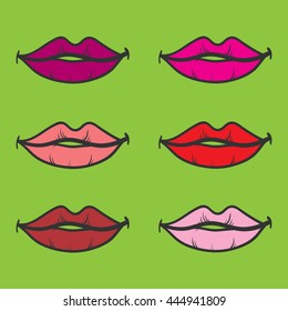 Colorful red lips vector illustration on green background

