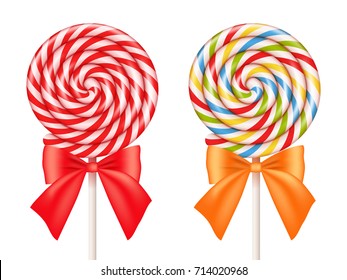 Colorful and red lollipops isolated on white. Realistic vector illustration