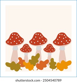 Colorful red mushrooms with white spots and autumn leaves in a cozy setting