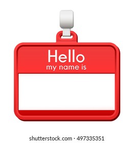 Colorful red name tag hanging from a hanger with blank copy space and a greeting - Hello, my name is - over a white background, vector illustration