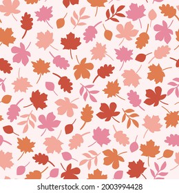 Colorful Red, Orange, Pink Fall Leaves Autumn Seamless Pattern Background