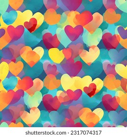 Colorful red, orange, yellow, green, blue, indigo, violet,  tons of hearts: Abstract Watercolor Seamless Pattern 
