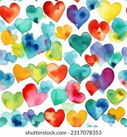 Colorful red, orange, yellow, green, blue, indigo, violet tons of hearts: Abstract Watercolor Seamless Pattern 
