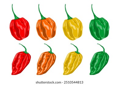 Colorful Red, Orange, Yellow, and Green Chili Peppers Collection. Flat Cartoon Style Vector Illustration, Editable and Scalable EPS, Isolated on White, Perfect for Print and Design